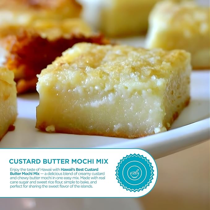 Hawaii's Best Custard Butter Mochi Mix Hawaiian Snacks Baking Mix Authentic Island Dessert Made with Sweet Rice Flour &amp Coconut Milk Gluten Free Pancake Mix Easy-to-Make Treat for Family 15 o