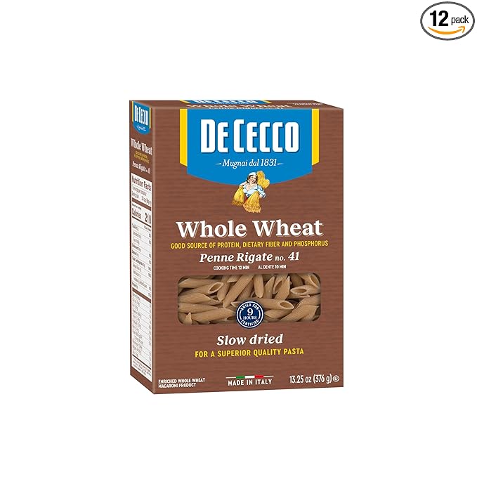 De Cecco Pasta Whole Wheat Penne Rigate No.41 13.25 OZ (Pack of 12) - Made in Italy High in Protein &amp Iron Bronze die
