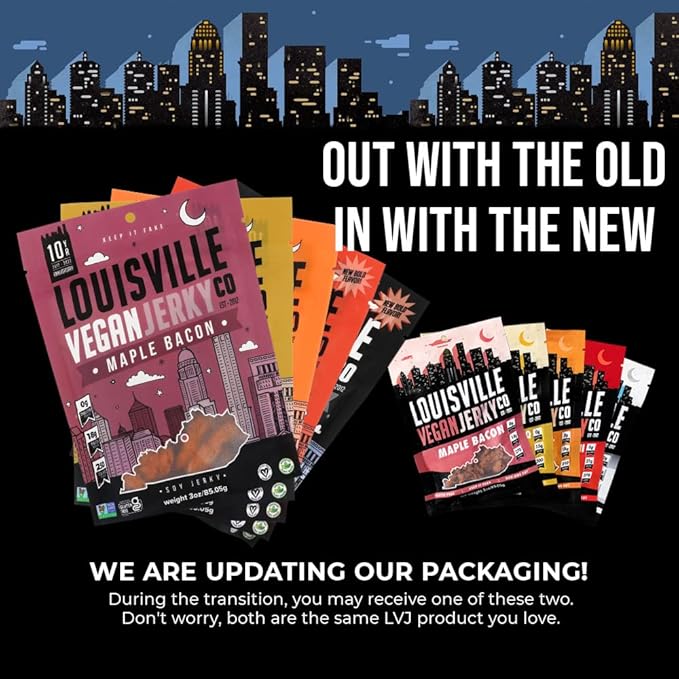 Louisville Vegan Jerky - Variety Pack 15-21 Grams of Protein Gluten-Free Ingredients Includes 2 Black Pepper 2 Perfect Pepperoni 2 Maple Bacon 2 Carolina BBQ &amp 2 Buffalo Dill (3 oz 10-Pack