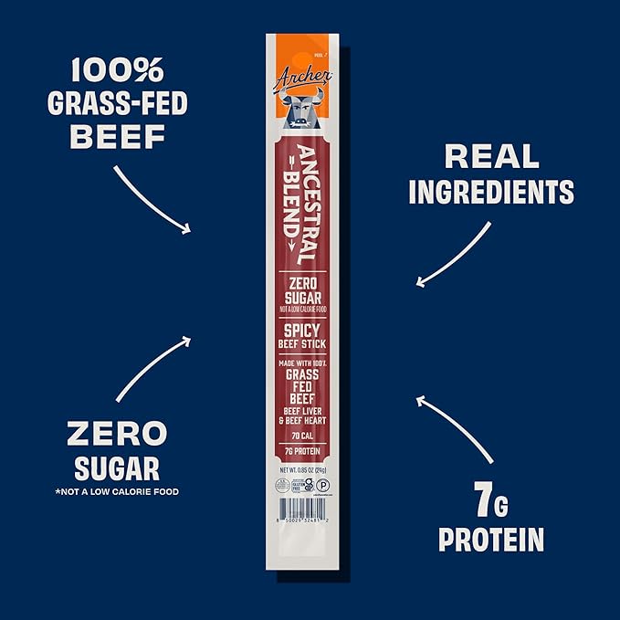 Country Archer Ancestral Beef Jerky Sticks Spicy - Hot Grass Fed Beef Sticks Individually Wrapped Sugar Free Meat Snack Bulk Gluten Free Paleo Keto 7g Protein Per Stick - 1 oz (Pack of 18)