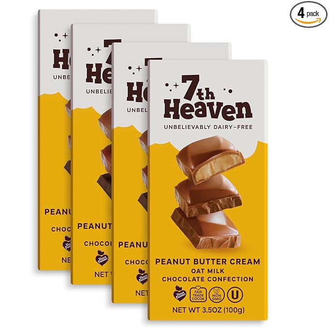 7th Heaven Vegan Oat Milk Chocolate Bars: Peanut Butter Cream - (3.5 oz - 4 Pack) Healthy Chocolate Perfect Valentines Gift For Your Loved Ones 100% Dairy Free Non GMO Kosher Parve Cruelty Free