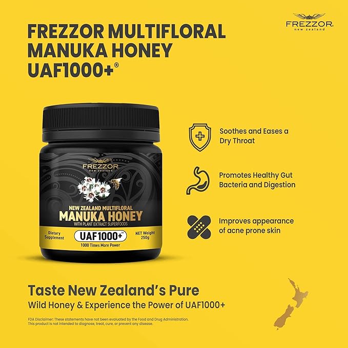 FREZZOR Premium Raw Multifloral Manuka Honey New Zealand with UAF1000+ Super Antioxidant 1000x More Power Best Support for Everyday Wellness Probiotic Antioxidant Superfood 6 Jars (52.8oz/1500g)