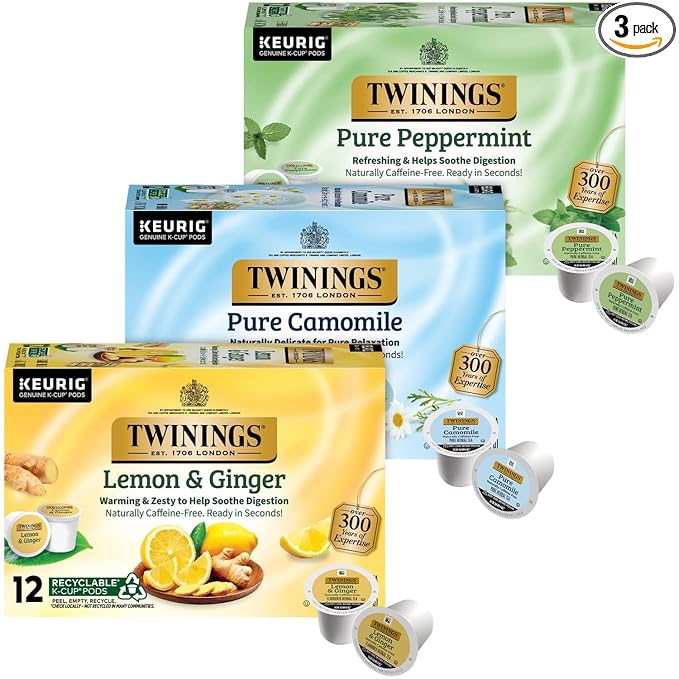 Twinings Herbal Tea K-Cup Pods for Keurig Variety 3-Pack – Pure Peppermint Pure Camomile + Lemon &amp Ginger Tea K-Cups Naturally Caffeine-Free 12 Count Each