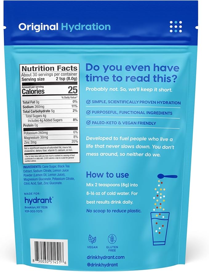 Hydrant - Bulk Electrolyte Powder Iced Tea Lemonade Flavor 30 Servings Instant Hydration Powder - Low Sugar Drink Mix for Daily Use Travel &amp Workouts
