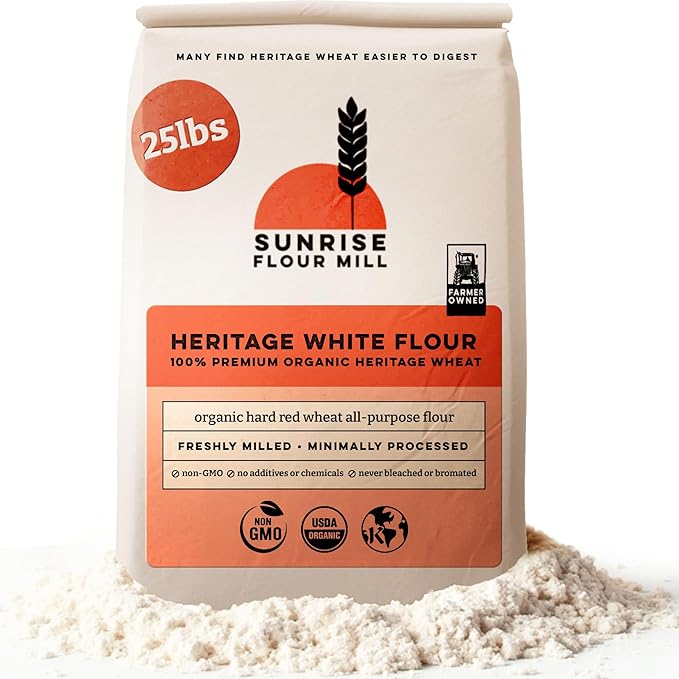 Sunrise Flour Mill Heritage Organic White Flour | USDA Organic All Purpose Flour Unbleached - Non-GMO Kosher Grown Without Glyphosate High Protein for Baking Unbromated White Wheat (400 Ounce (Pac