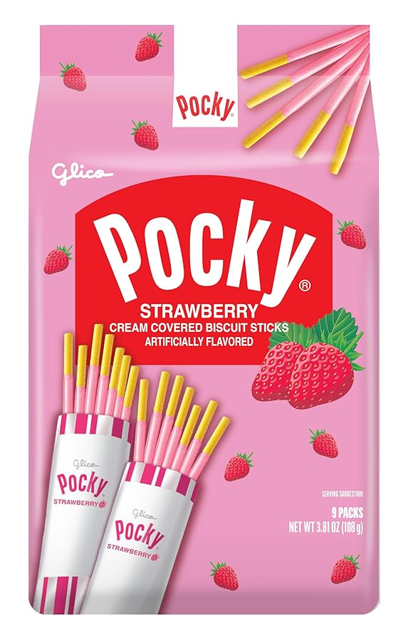 Pocky Strawberry Family Size – Pack of 5 Bags Each with 9 Individually Wrapped Pouches Classic Japanese Biscuit Stick Snack Strawberry Cream Covered Treats for Lunches Parties Gifts &amp Travel