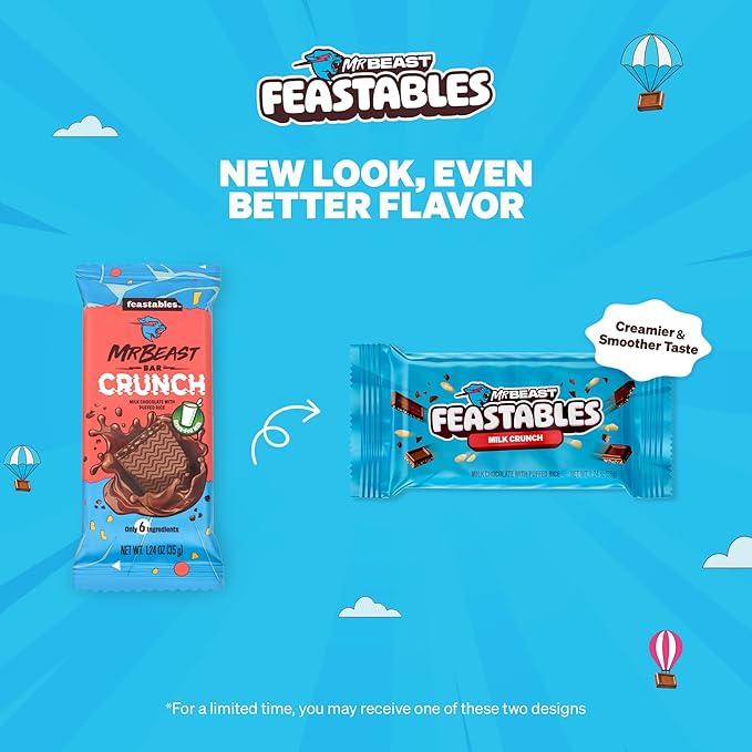 MrBeast Feastables Milk Chocolate Crunch Bar Full Size 24 Count Crispy &amp Creamy Chocolate Candy Fairtrade Cocoa 1.24oz Each
