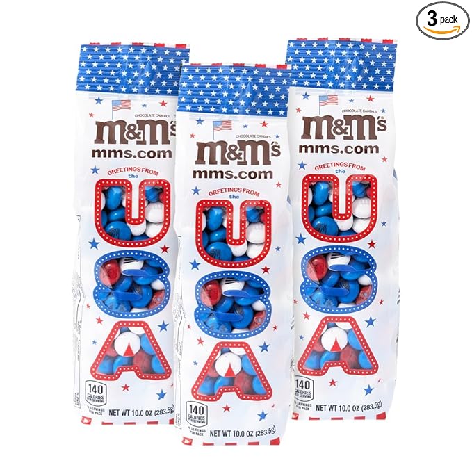 M&ampM’S Patriotic Candy 3-Pack 10oz Bag of Red White and Blue Candy with Patriotic Design for Gifts Candy Bowls Party Décor