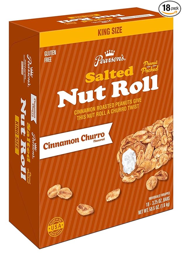 Pearson's Cinnamon Churro Salted Nut Roll | Loaded With Crunchy Roasted Peanuts Golden Caramel and Chewy Nougat | Pack of 18-3.25 oz. King-Sized Candy Bars