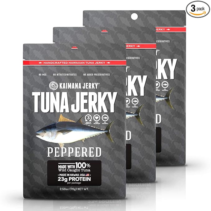 Kaimana Wild-Caught Ahi Tuna Jerky - Peppered | Rich in Omega-3s &amp High in Protein | All-Natural &amp Organic Fish Jerky (3 pack 2 oz)