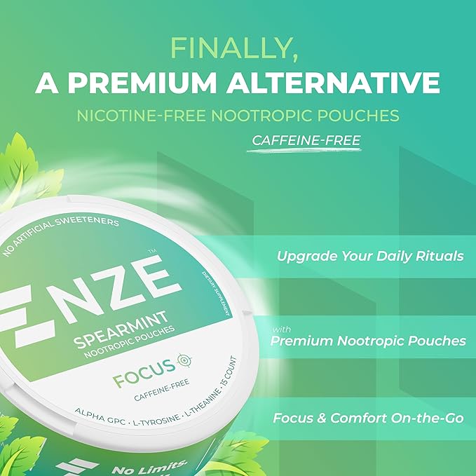 NZE Caffeine Free Nootropic Pouches (Spearmint) - Nootropic Pouches with Alpha GPC L-Tyrosine &amp L-Theanine - No Sugar or Artificial Sweeteners - 15 Nicotine Free Pouches Per Can - 5 Pack