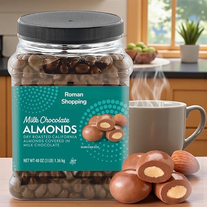 Member Mark Milk Chocolate Almonds – 48 oz Jar (3 lbs) Quality Oven-Roasted Almond Center Smooth Milk Chocolate Coating Crunchy–Creamy Balanced Treat Resealable Freshness