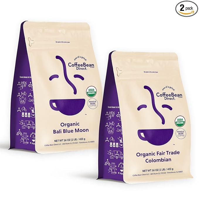 Coffee Bean Direct Organic Single Origin Coffee Variety Bundle – Bali Blue Moon &amp Colombian Whole Bean Light Roast 1 Pound Bags (Pack of 2)