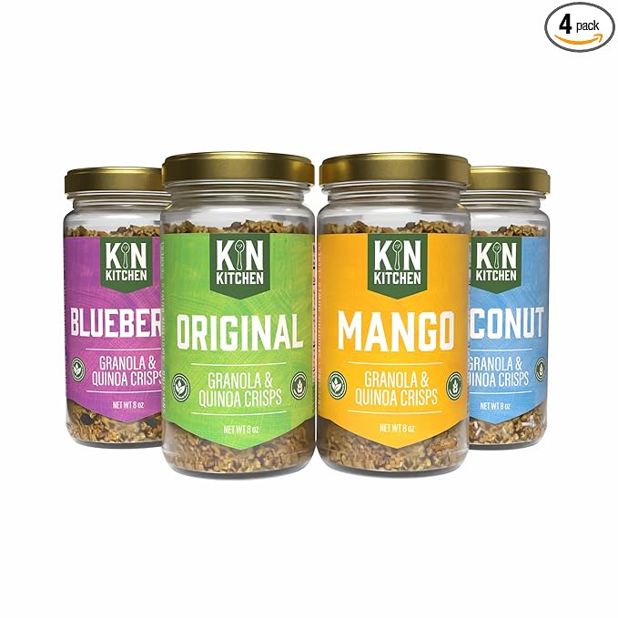 Kin Kitchen non-GMO Granola &amp Organic Quinoa Crisps in a Glass Jar Recyclable and Resusable. Made with Real Fruit. No Artificial Colors Flavors or Perservatives. Great for Snacking Cereal on