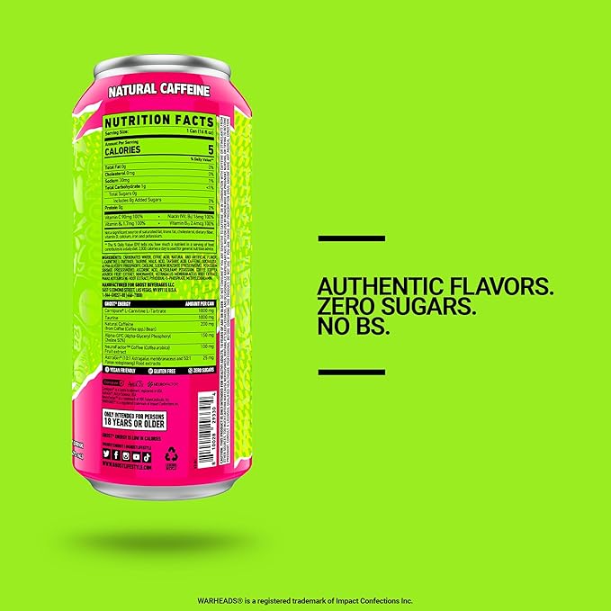 GHOST Energy Drink - 12-Pack Warheads Sour Watermelon 16oz - Energy &amp Focus &amp No Artificial Colors - 200mg of Natural Caffeine L-Carnitine &amp Taurine - Gluten-Free &amp Vegan