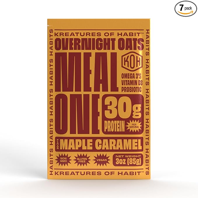Kreatures of Habit MEAL ONE | Overnight &amp Instant Superfood Protein Meal Replacement | Gluten Free Dairy Free 30g of Plant Based Protein With No Added Sugar | Maple Caramel | Pack of 7