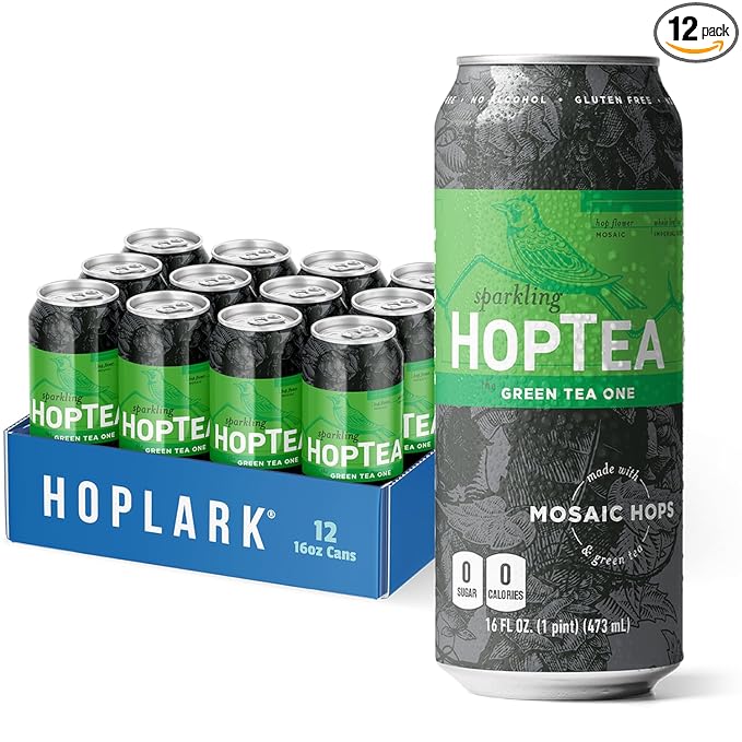 HOPLARK Sparkling HopTea – The GREEN TEA ONE – Tall 16fl oz cans (pack of 12) – Mosaic Hops and Sparkling Green Tea – L-Theanine – Antioxidants – Polyphenols – Unsweetened – Caffeinated – Zero Calorie