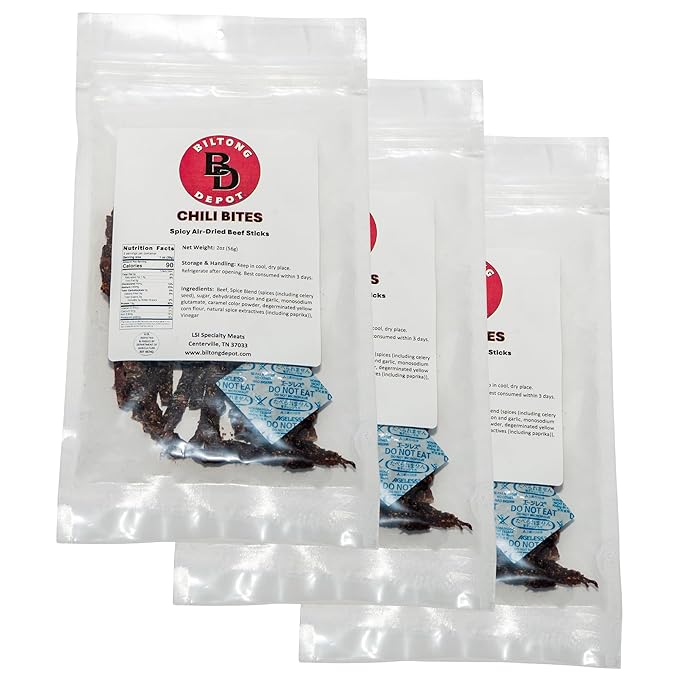 Biltong Depot Chili Bites - 2oz (3 Pack) | Thin Sliced Air-Dried Beef Sticks | Spicy Beef Jerky Snack | High Protein | Keto &amp Paleo Friendly | Zero Sugar | Gluten Free