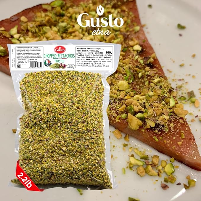 Pistachios Roasted Chopped 2.2 lb (1 kg) Dry Roasted Unsalted Pistachio Crumbles Chopped Pistachios nuts for ice cream sundaes Gusto Etna Non GMO Product of Italy