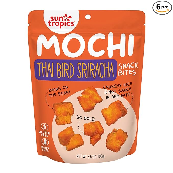 Sun Tropics Mochi Snack Bites Thai Bird Sriracha Flavor- 3.5 oz (6 Pack)| Crispy Spicy Mochi Bites Rice Nuggets | Mochi Puff Rice Crackers- Gluten Free &amp Dairy Free- No MSG Added | Asian Rice Sn