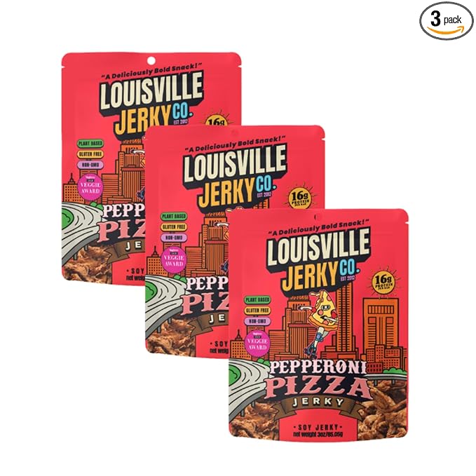 Louisville Jerky Co. Pepperoni Pizza Plant Based Jerky High Protein Vegan Snacks (3 Ounce 3-Pack) Gluten Free Vegetarian Non-GMO
