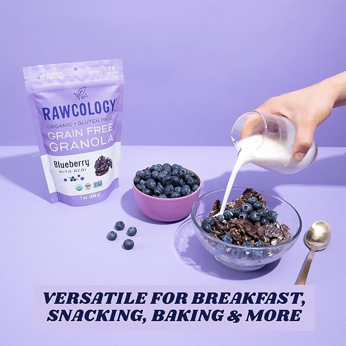 Rawcology Organic Keto Grain Free Raw Crunch Granola - Blueberry with Acai 3 x 200 Gram Pack