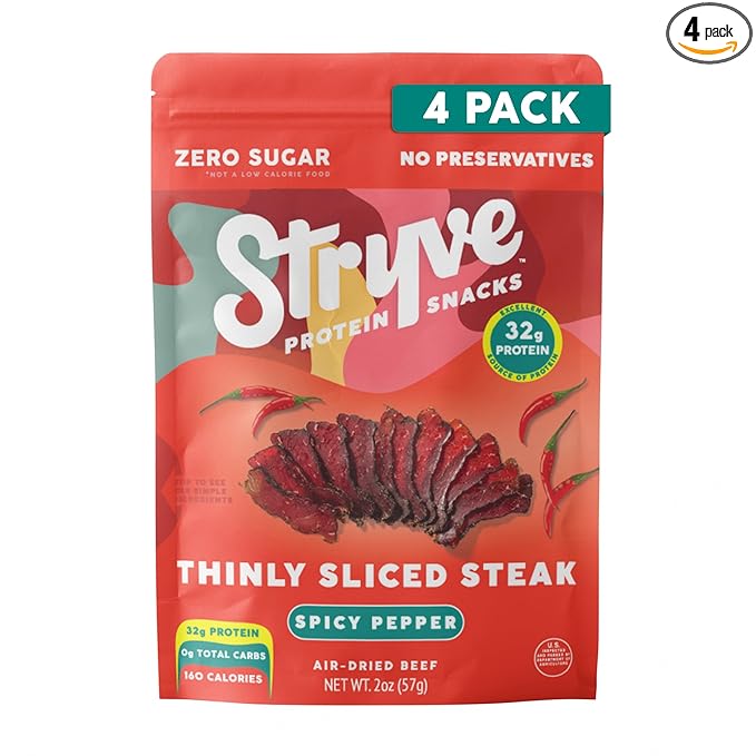 Stryve Protein Snacks - Better Than Jerky Steak Snacks. Protein Rich Beef Biltong | 32g Protein Sugar Free Carbs Free Gluten Free Dairy Free Keto &amp Paleo Friendly | Spicy Pepper Pack Of 4