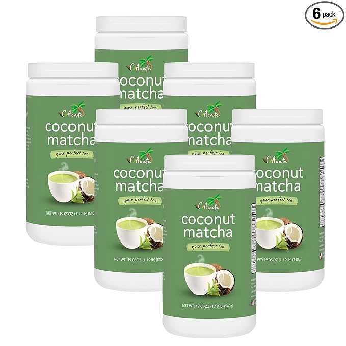CAcafe Coconut Matcha - Instant Japanese Health Drink - Creamy &amp Sweet - Hot or Iced Green Tea Latte Mix - New Look Reduced Sugar - Non-GMO - No Artificial Flavors or Colors | 6-Pack