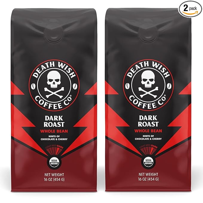 Death Wish Coffee Whole Bean Dark Roast - USA Organic Coffee Beans Bundle/Bulk - Fair Trade Arabica &amp Robusta - 16 Ounce (Pack of 2)