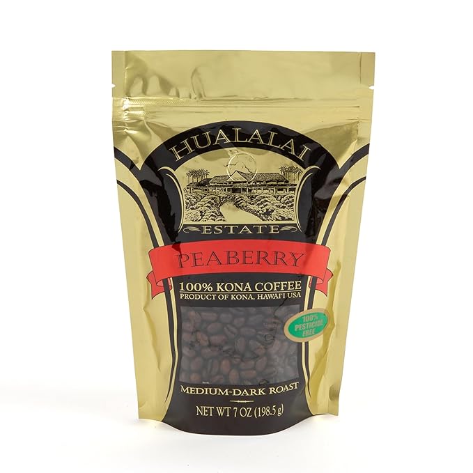 Hualalai Estate Whole Bean 100% Peaberry Kona Coffee - Pesticide-Free Gourmet Grade Premium Coffee - Medium Dark Roasted Hawaiian Grown Beans (7 oz)
