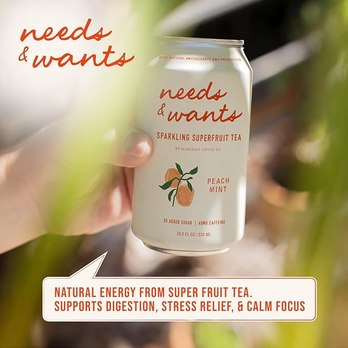 Needs &amp Wants Sparkling Tea - Peach Mint 10.5oz Cans (12 Pack) | Organic Superfruit Tea with Cascara Sweet Peach &amp Cooling Mint Lightly Sweet with Refreshing Summer Flavor and Natural Caffe