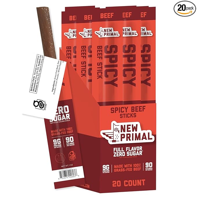 The New Primal Grass-Fed Spicy Beef Sticks Keto Gluten Free Healthy Snacks for Adults Sugar Free Low Carb High Protein Snack Paleo Whole30 Jerky Stick 9g Protein 20 Ct