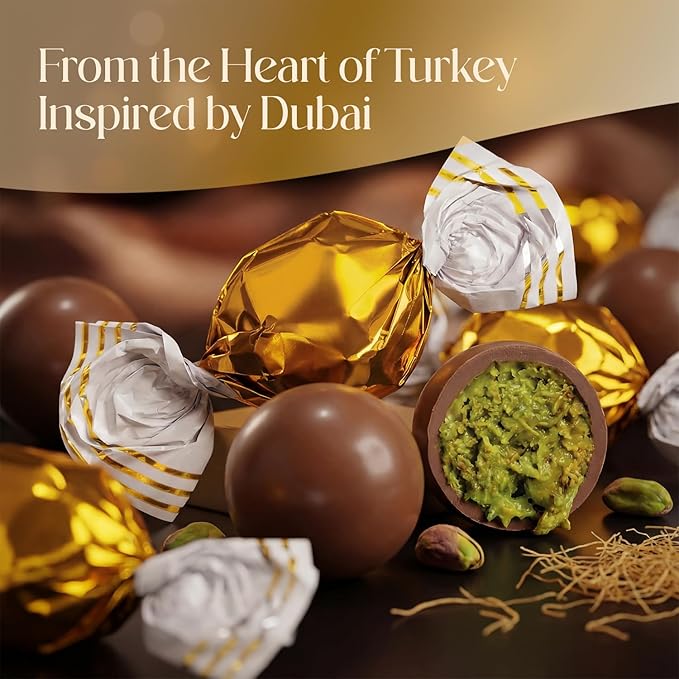 Pistazia Dubai Chocolate Balls – 8.8 oz (250g) – Premium Dubai Chocolate Pistachio Candy Gift Box in Black Metal Tin Real Chocolate