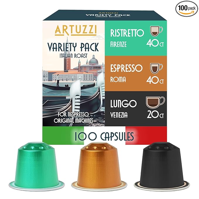 Artuzzi 100ct Compatible Nespresso Coffee Pods For Nespresso Original Machines | 40 Espresso 40 Ristretto 20 Lungo Capsules Italian Roast | Variety Pack I Aluminum &amp Recyclable