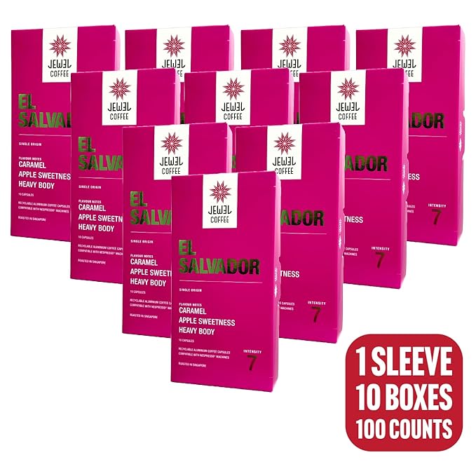 Jewel Coffee Specialty Coffee Pods - El Salvador Single Origin 100% Arabica Coffee Intensity 7 Medium Roast Compatible with Original Nespresso Machines 100 Count (10 Boxes of 10 Espresso Pods)