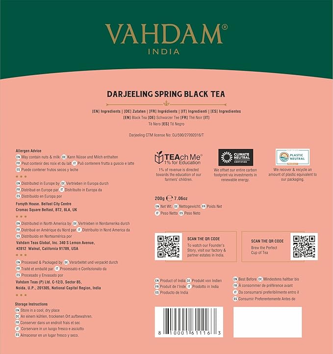 VAHDAM Exotic Darjeeling First Flush Tea Leaves (100 Black Tea Bags) High Caffeine Non GMO Gluten Free | Aromatic &amp Robust | Unblended First Flush Darjeeling Tea Bags | Resealable Ziplock Pouch