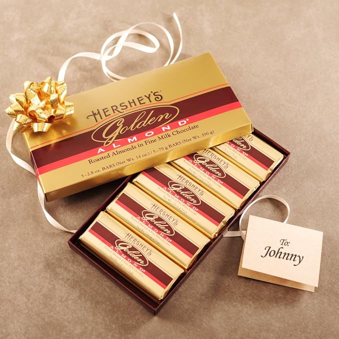 HERSHEY'S GOLDEN ALMOND Chocolate Bar Roasted Almonds in Fine Milk Chocolate Candy Bar Individually Wrapped Bars in Gift Box 14 Ounce Box