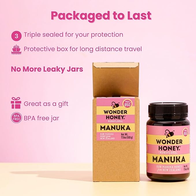 Wonder Honey Raw Manuka Honey New Zealand MGO850 (20+) Tested for 26 Markers Traceable Natural Soothing for Sore Throat Cough - Aids Digestion - Triple Sealed for safety in a Protective Box (8.8oz)