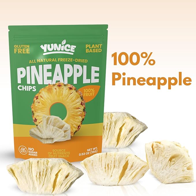 YUNiCE Freeze-Dried Pineapple Chips 100% Real Fruit Snack No Sugar Added Gluten Free Plant Based Crispy pineapple chunks organic pineapple PINEAPPLE 0.70 Ounce (Pack of 12)