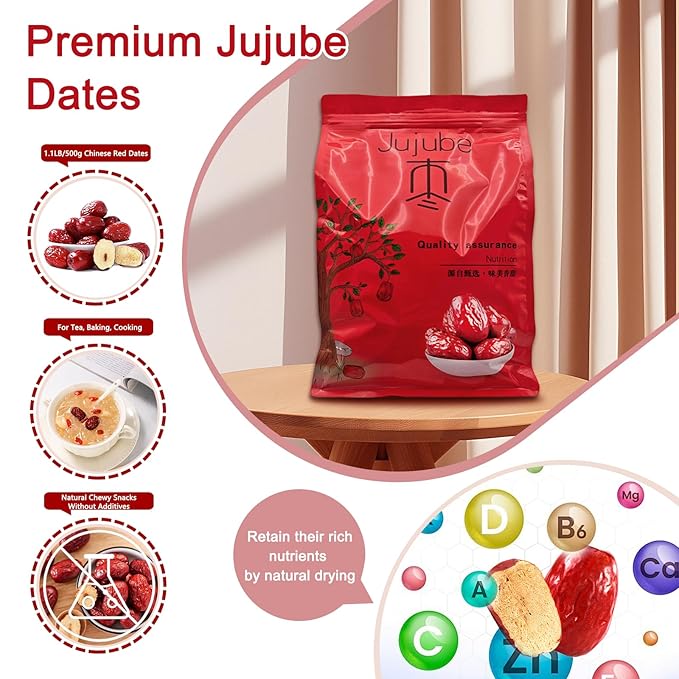 DGYLHBJ Jujube Dates 1.1LB/500g(pack of 4) Chinese Red Dates in Gift Box Selected Natural Dried Dates for Cooking Baking Tea Chewy Jujube Snacks No Additives 红枣礼盒装
