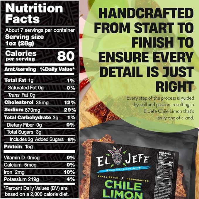 El Jefe Beef Jerky Chile Limon 7oz - Authentic Mexican Style Hispanic Slab Jerky Hand-Crafted in Small Batches for Bold and Zesty Snacking!