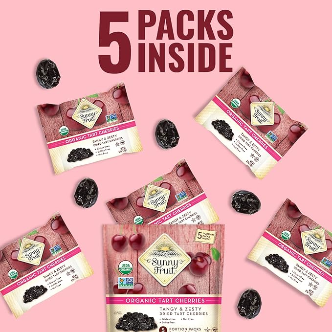 Sunny Fruit Soft Organic Dried Tart Cherries - 6 Bags (30 Individual Portion Packs) | No Preservatives | Healthy Convenient Snack Packs | ORGANIC NON-GMO VEGAN HALAL KOSHER