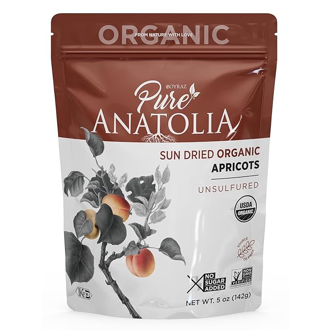 Pure Anatolia Turkish Organic Dried Apricots - Sun Dried Apricots No Sugar Added - Unsulfured Organic Fruit Snack Made from Turkish Apricot - Vegan Non-GMO Halal - 5 oz Resealable Bag 6 Pack