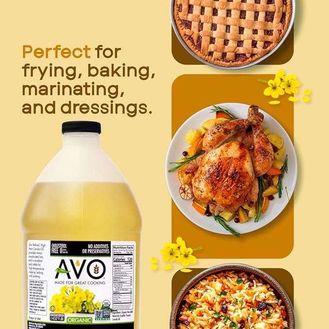 AVO Organic Canola Oil for Cooking Frying Baking Salads Vinaigrette Marinades - General Organic Cooking Oil 64 Fl-oz (Half a Gallon) NO preservatives added High Smoke Point 465°F