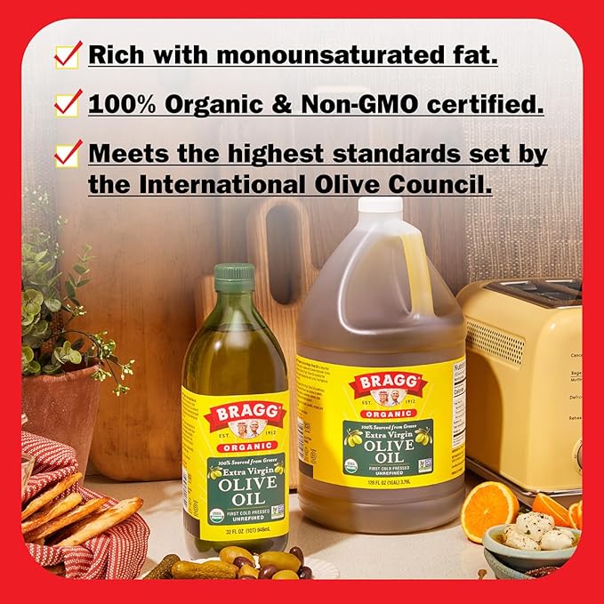 Bragg Organic Extra Virgin Olive Oil – Made with Greek Koroneiki Olives – Cold Pressed EVOO for Marinades &amp Vinaigrettes – USDA Certified Non-GMO Kosher (128 fluid Ounce)