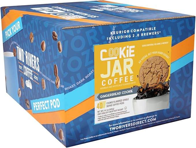 Cookie Jar Gingerbread Cookie Coffee Pods 40 Single-Serve Pods Compatible with Keurig K Cup Brewers Gingerbread Flavor Convenient Brewing Smooth Aroma