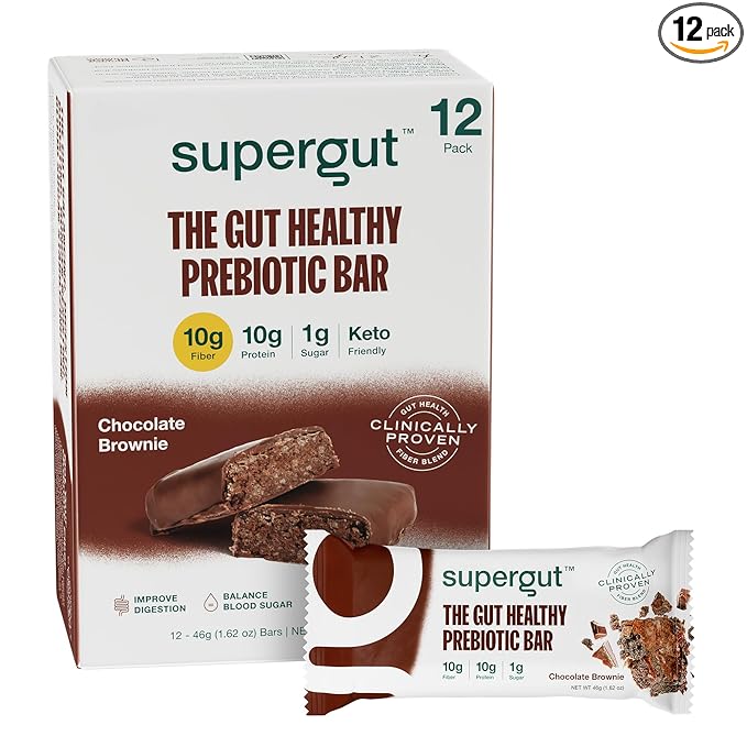 Supergut GLP-1 Boosting Prebiotic Bars Chocolate Brownie - Gut Healthy Protein Snacks &amp Breakfast Bars - Keto-Friendly Meal Replacement Energy Bars (12 Count)