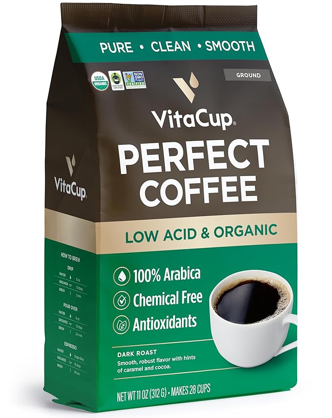 VitaCup Perfect Low Acid Coffee Bundle Pure &amp Smooth USDA Organic &amp Fair Trade Mycotoxin Free Dark Roast |16 CT Pods &amp 11 oz Organic Ground Coffee