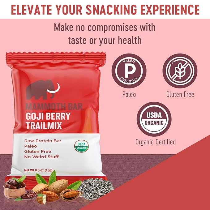 Mammoth Bar Goji Berry Trail Mix Mini Bar - Mini Organic Snack Bar Packed with 4g Protein. Made with Goji Berries Almonds Pistachios Sunflower Seeds &amp Egg White Protein. Paleo • Gluten Free • R
