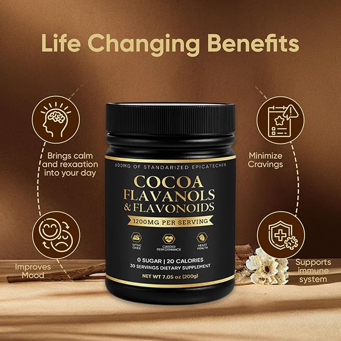 High Flavanol Cocoa Powder | 1200mg per Serving with Cocoa Flavanols Flavonoids &amp 600mg Epicatechin | Improve Circulation Energy Supports Heart Health &amp Brain Function | 150g
